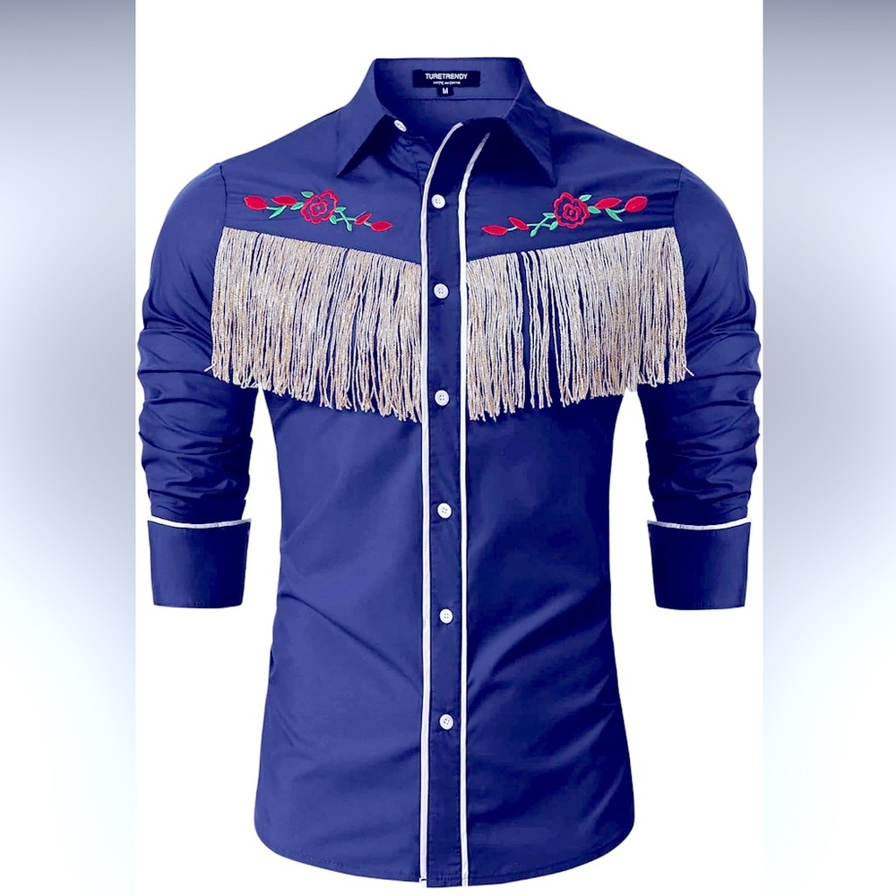 New  Men's Western Cowboy Fringe Shirt Long Sleeve Rose Embroidered Slim Fit